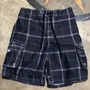 OP black and red plaid swim trunks